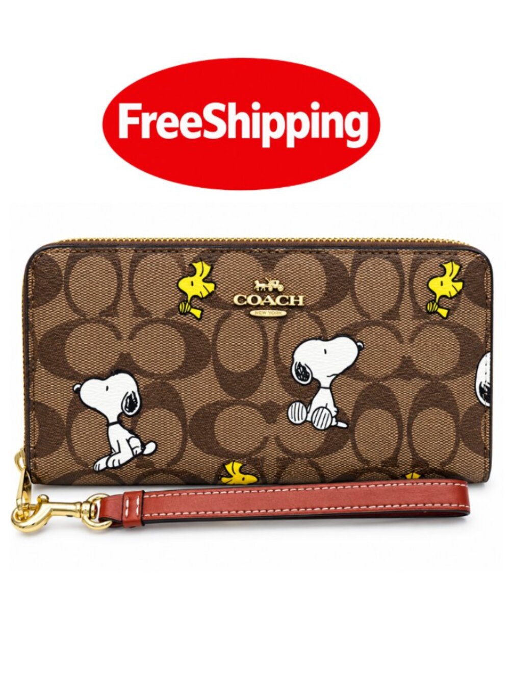 COACH x PEANUTS Long Zip around Wallet Snoopy Woodstock Khaki Signature F/S
